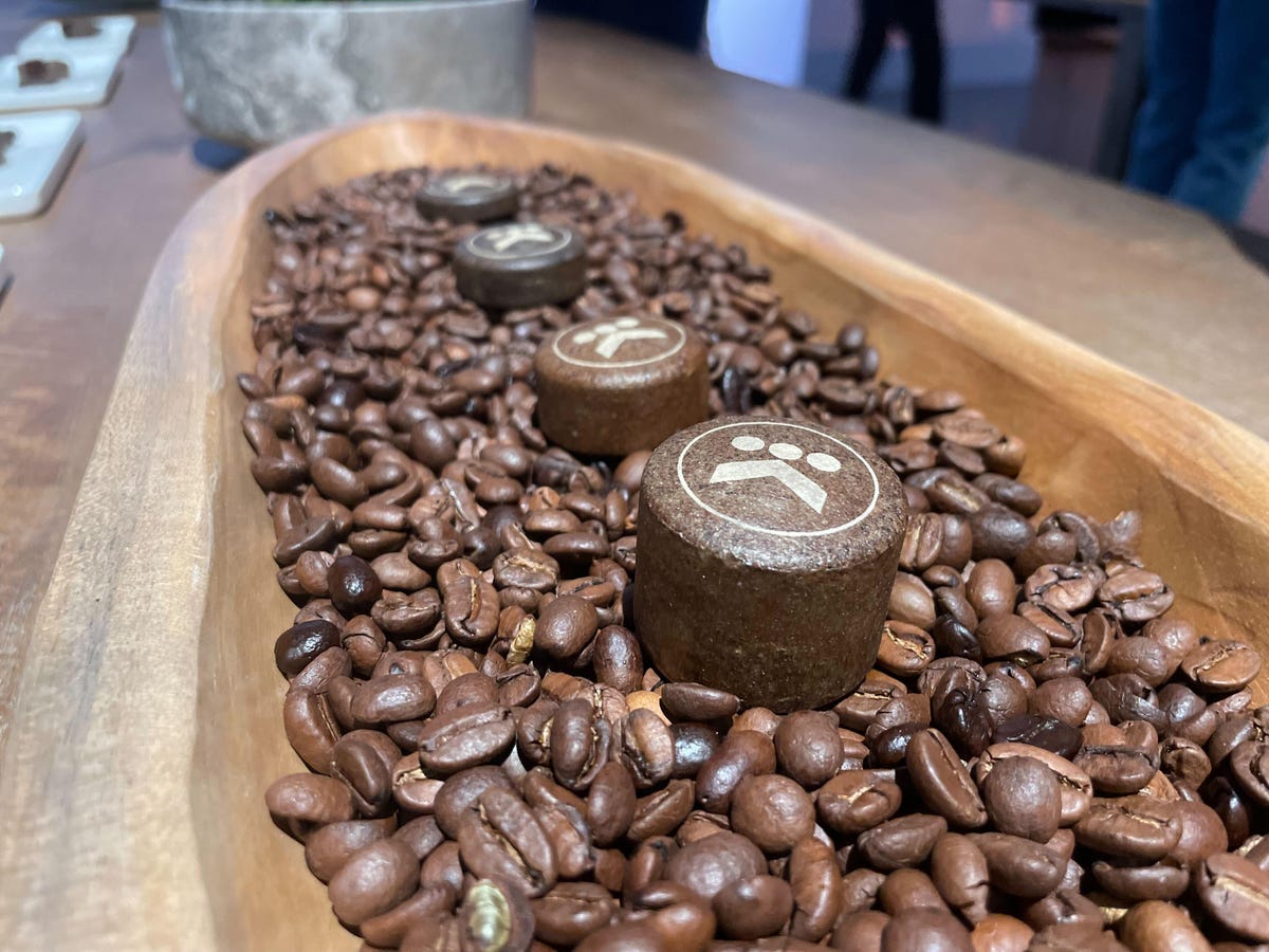 Eine Reihe runder, biologisch abbaubarer Schoten in einer Schicht Kaffeebohnen