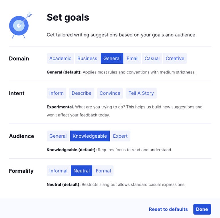 screenshot of how you can set your goals on Grammarly