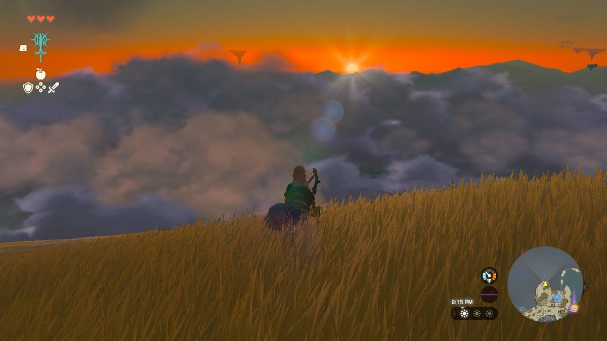 A sunset in a video game, with Link looking out at a meadow