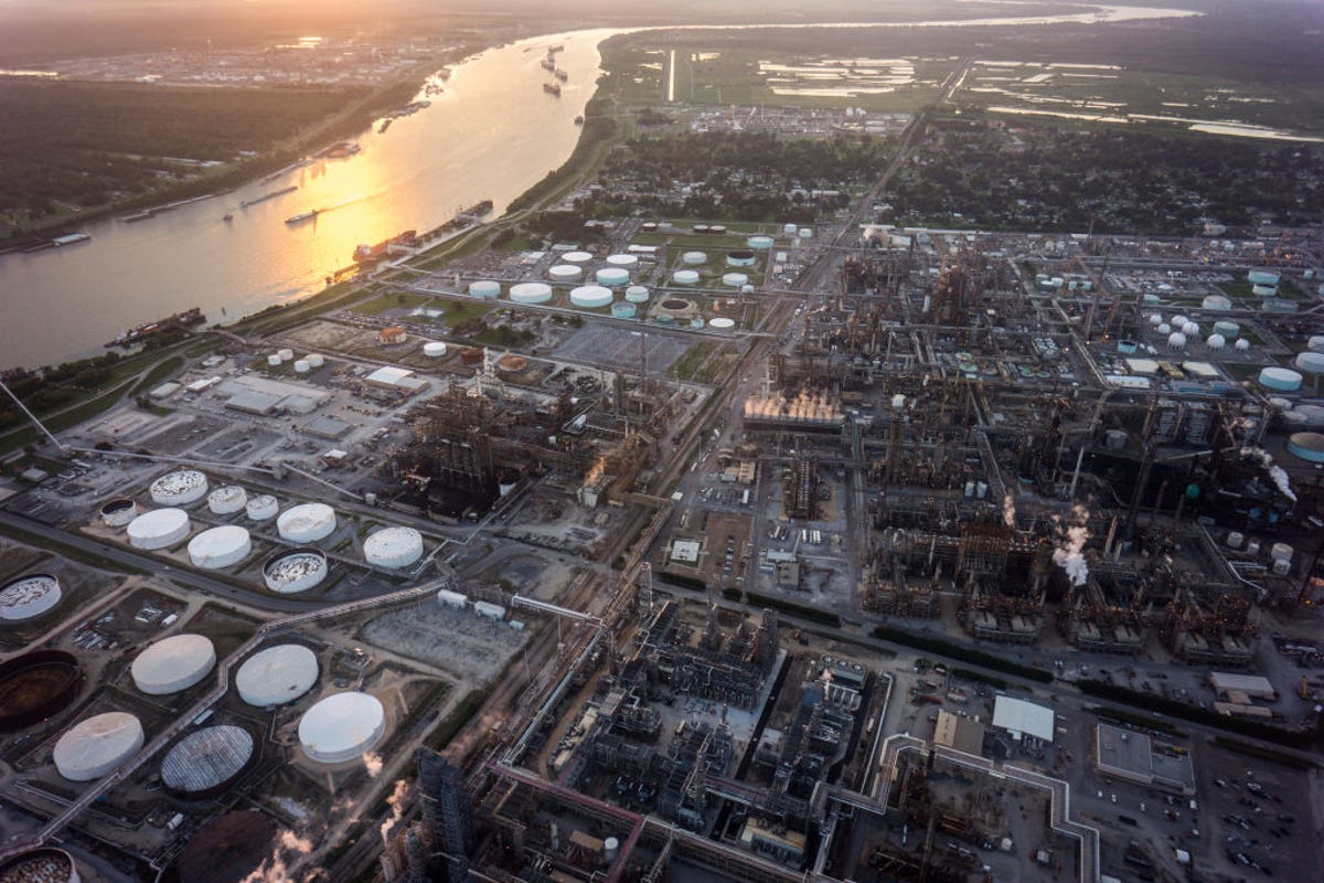 Aerial view of chemical processing plants alongside the Mississippi River near Baton Rouge