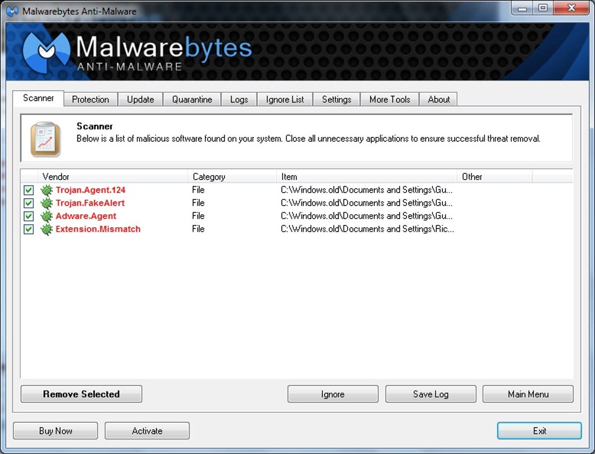 Malwarebytes Anti-Malware scan results