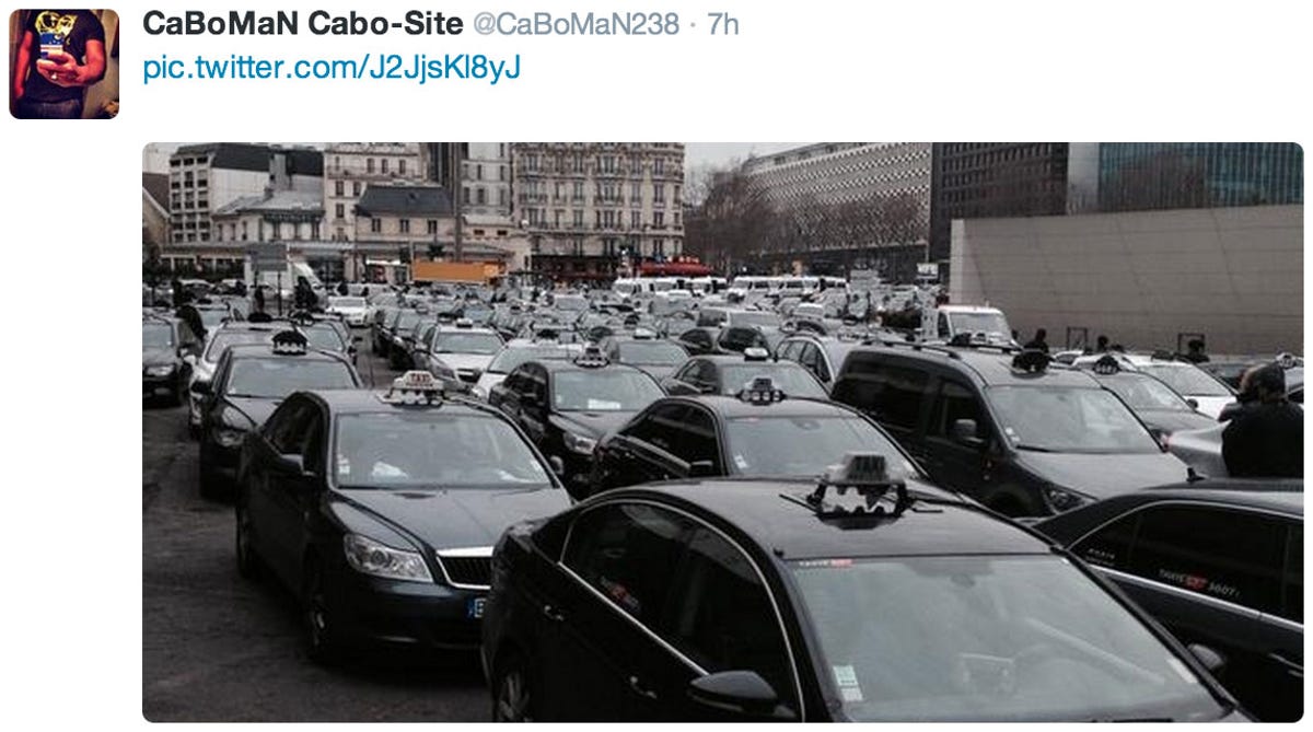 Taxis protesting "VTC" car services like Uber or AlloCab.com blocked traffic in Paris.