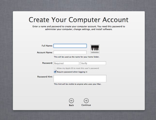 Apple Setup Assistant Account interface