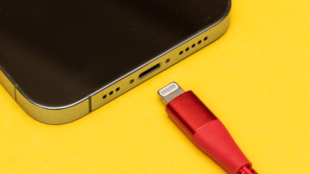 A close-up of a charging cable next to an iPhone Lightning port