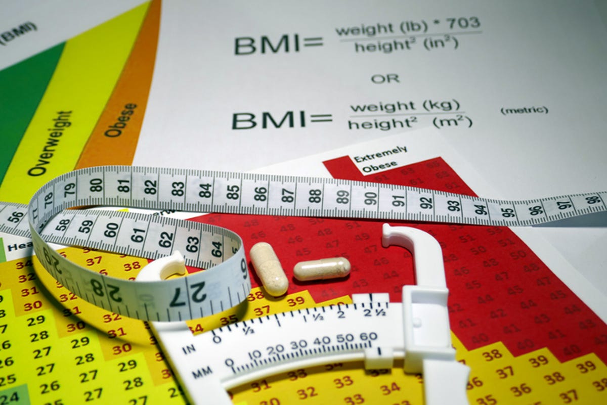 A colorful BMI chart showing the formula, and measuring tape.