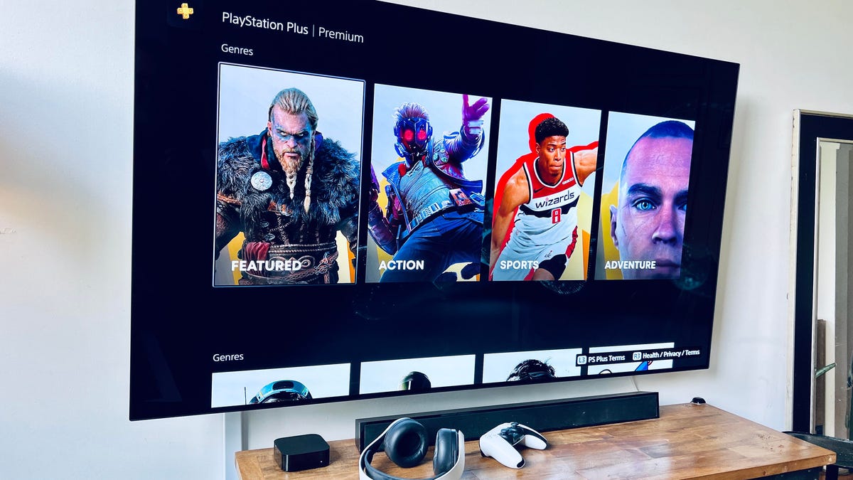 A PS5 displaying the PlayStation Plus library.