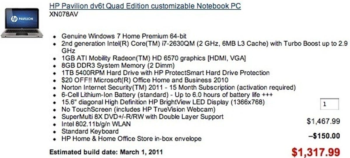 HP's Sandy Bridge-based laptop is for sale but the delivery date is quoted as March 1--possibly allowing time to get a fixed chipset from Intel. Note that price has been pasted as an inset to conserve space in graphic.