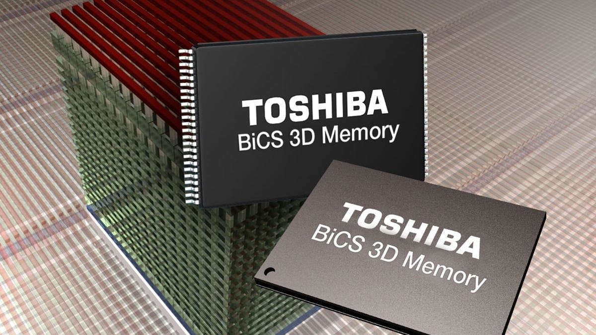 This Toshiba schematic illustrates how multiple layers of flash memory are stacked into a single high-density product.
