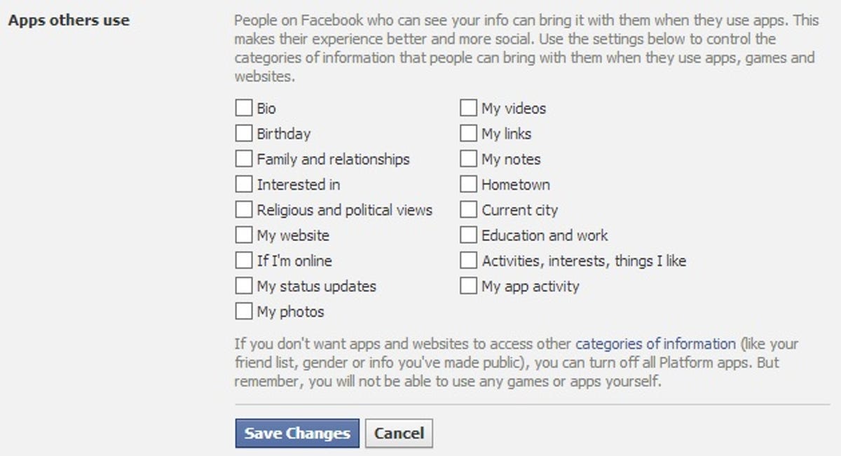 Facebook App Settings option for friends sharing your information with apps