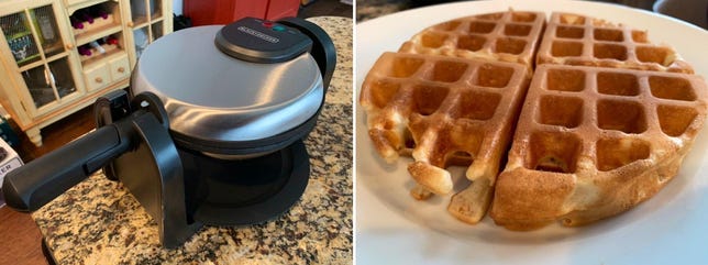 A closed stainless steel waffle maker/ A plain waffle on a white plate.