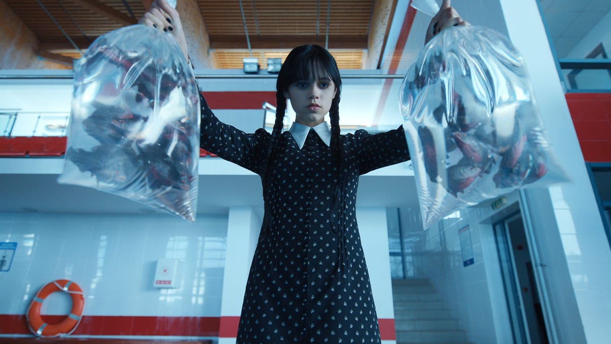 Wednesday Adams holding bags filled with fish
