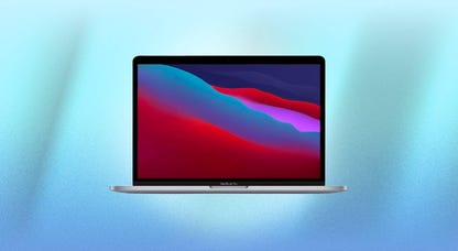 A 2020 M1 MacBook Pro against a blue background.