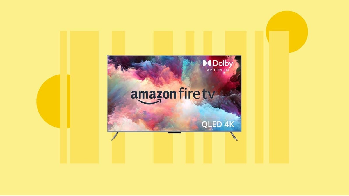The 65-inch Amazon Fire TV Omni Series is displayed against a yellow background.