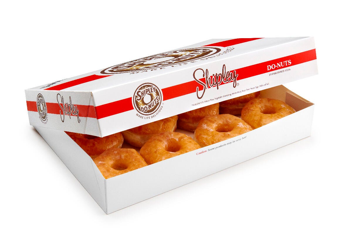 a box of Shipley glazed donuts