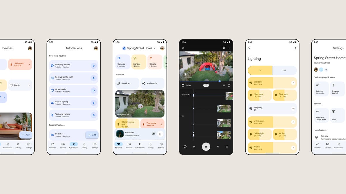 Capturas de pantalla de la aplicación Google Home recientemente actualizada para controlar dispositivos domésticos inteligentes.
