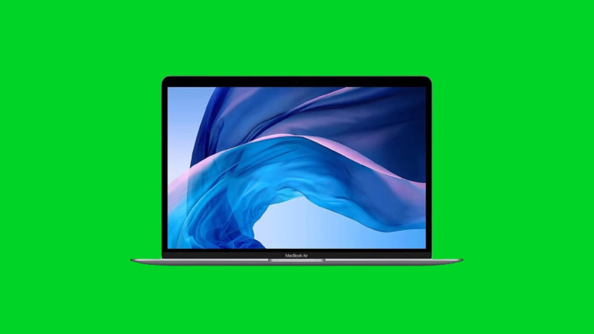 A front view of an open MacBook Air against a green background.
