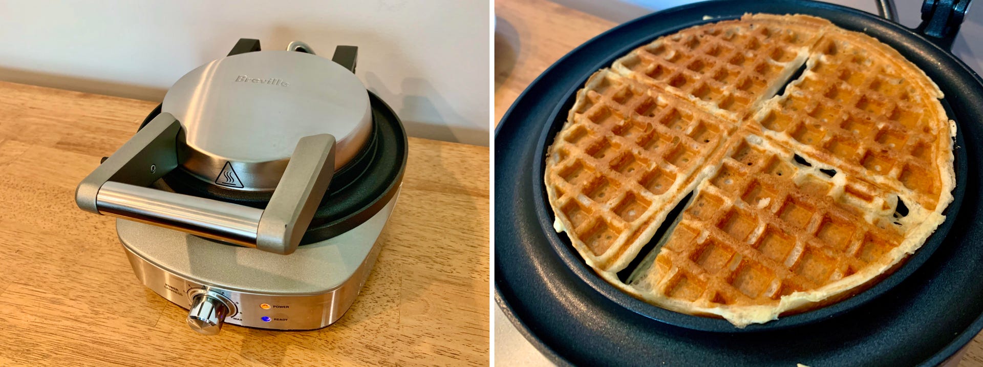 A closed stainless steel waffle maker/ A close-up shot of a plain waffle on in an open waffle maker.
