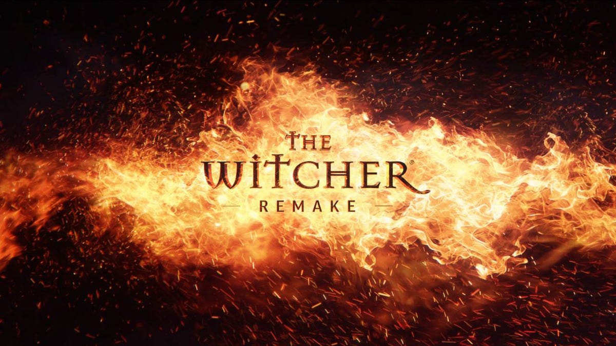 The Witcher remake logo surrounded by flames.