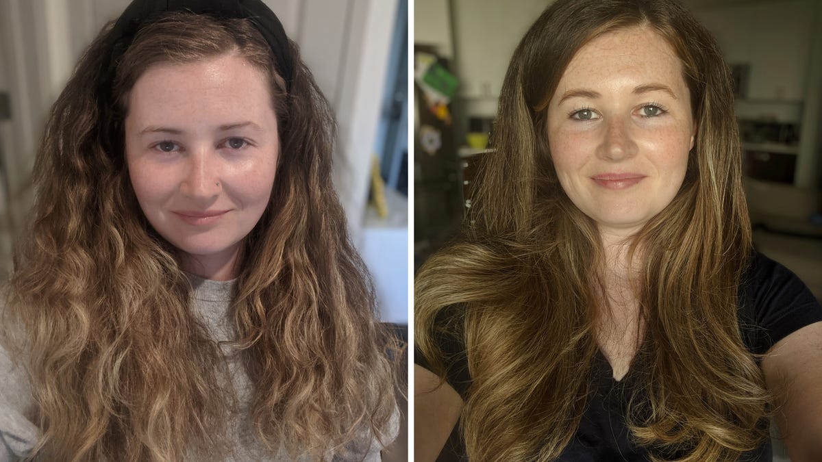 Revlon One Step Volumizer Hot Air Brush before and after showing straightened hair
