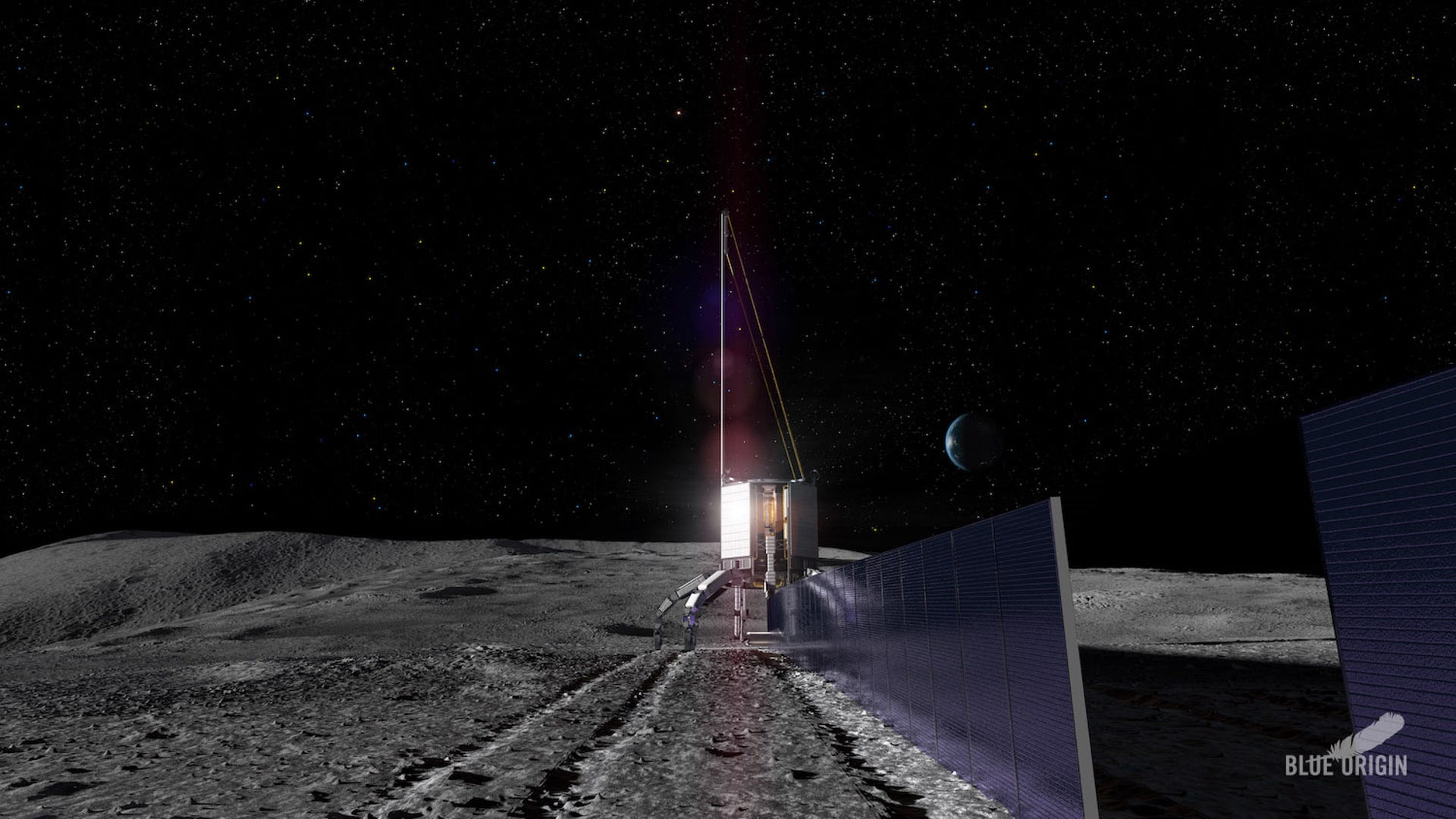 Blue Origin concept illustration shows its Blue Alchemist solar project on the moon. Art shows the moon surface in gray with a metal object on legs creating a solar panel.