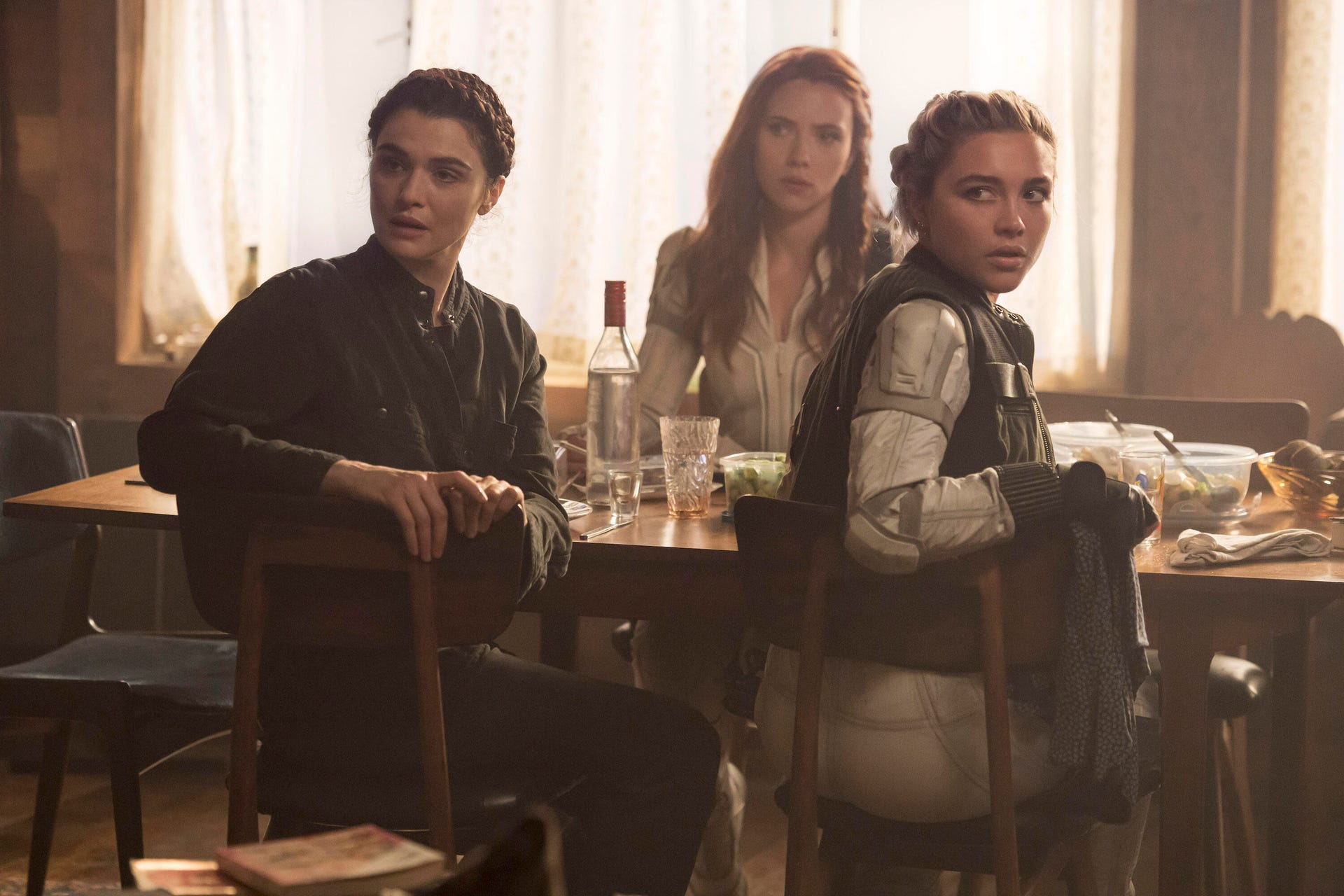 Rachel Weisz, Scarlett Johansson and Florence Pugh do some family bonding in Black Widow.