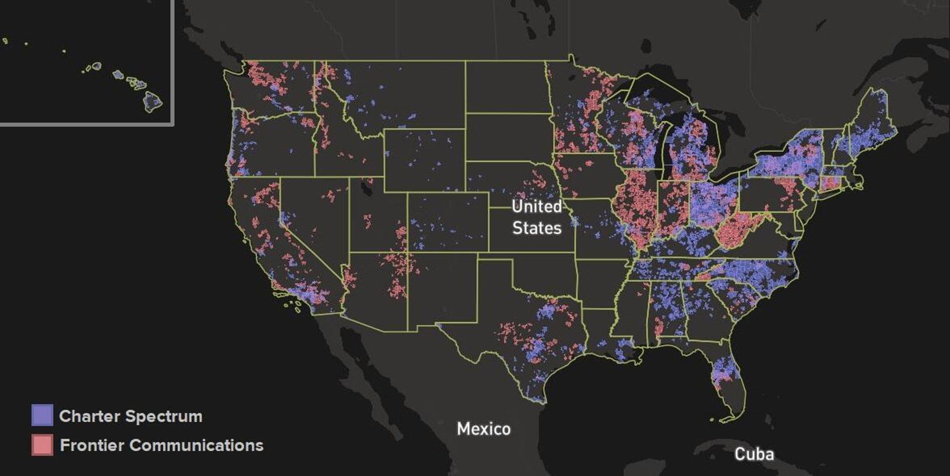 Frontier and Spectrum coverage map of the US