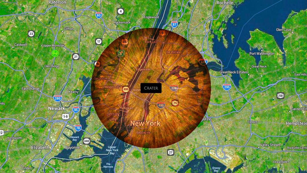 A map is centered on New York City, and a brown circle represents a simulated asteroid crater right over the city.
