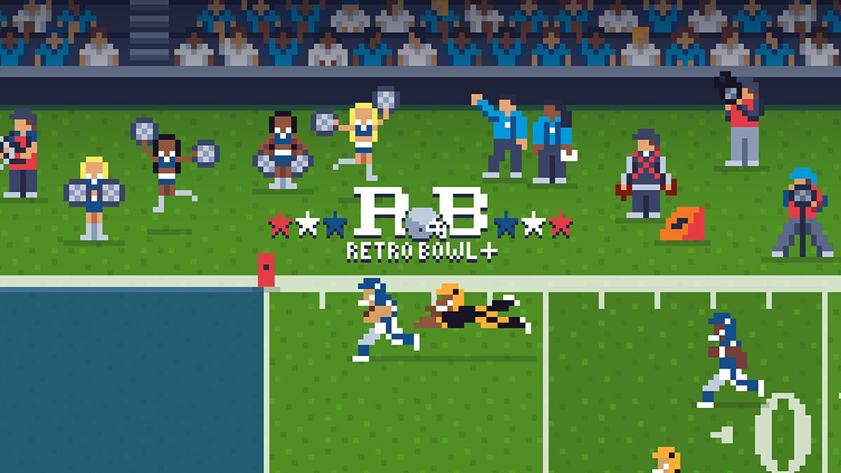 Retro Bowl title card showing 16-bit characters and graphics. There is a player running down the field, another player leaping after them and cheerleaders on the sideline.
