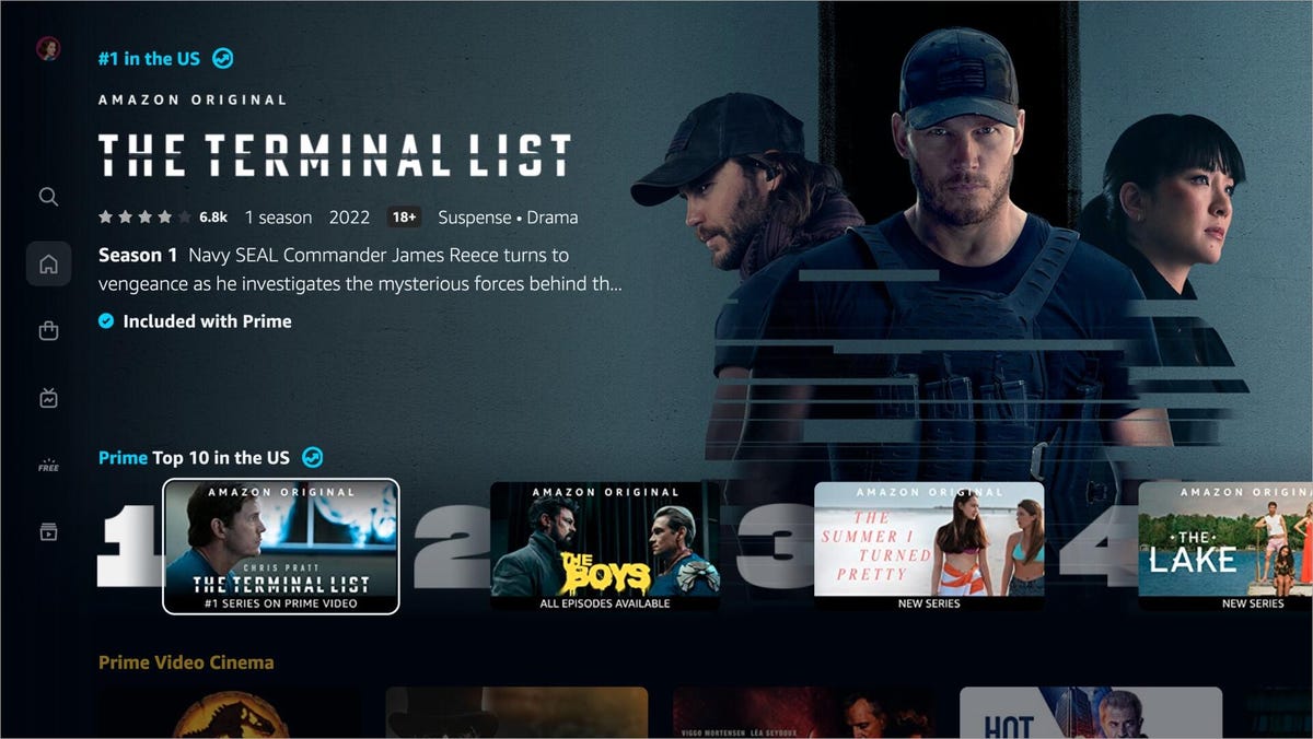 prime video screen showing Chris Pratt in The Terminal List and top 10 titles