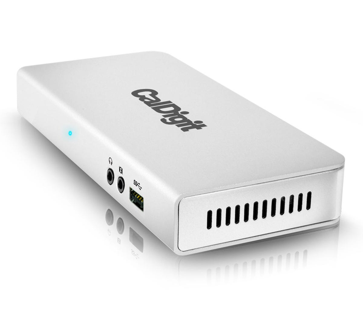 The front of CalDigit's $200 Thunderbolt Station includes audio in, audio out, and USB 3.0 ports.