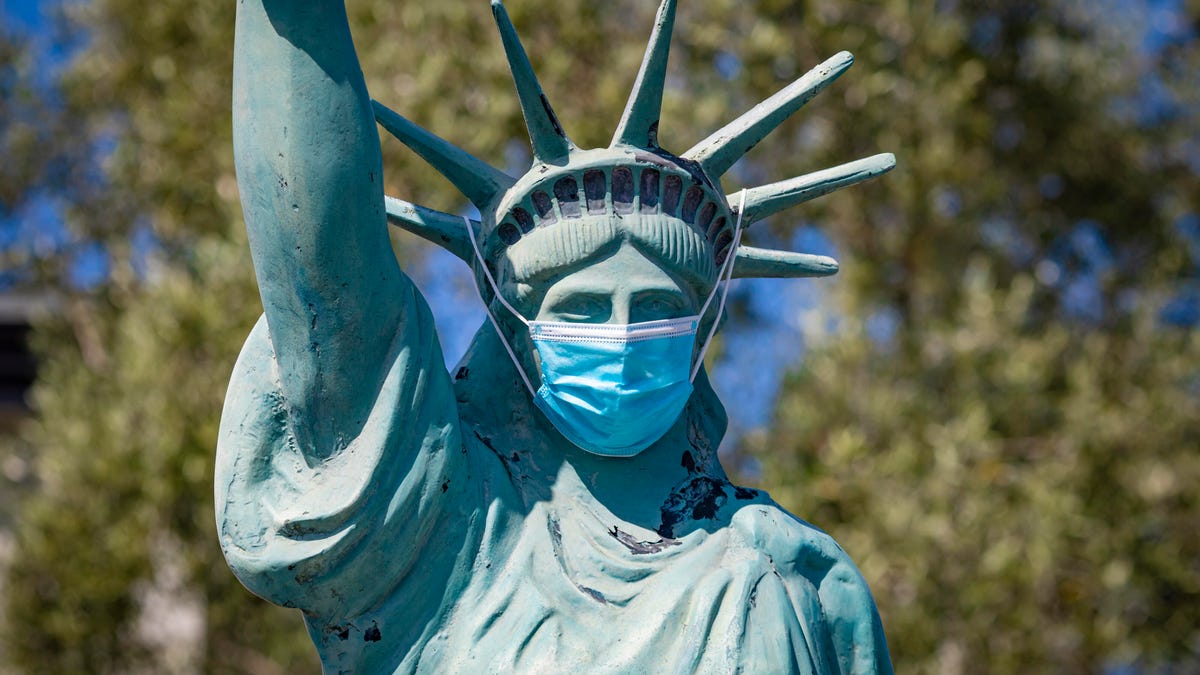 Statue of Liberty wearing a face mask to protect from Coronavirus