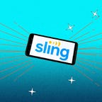 A phone with the Sling TV logo on a blue background.