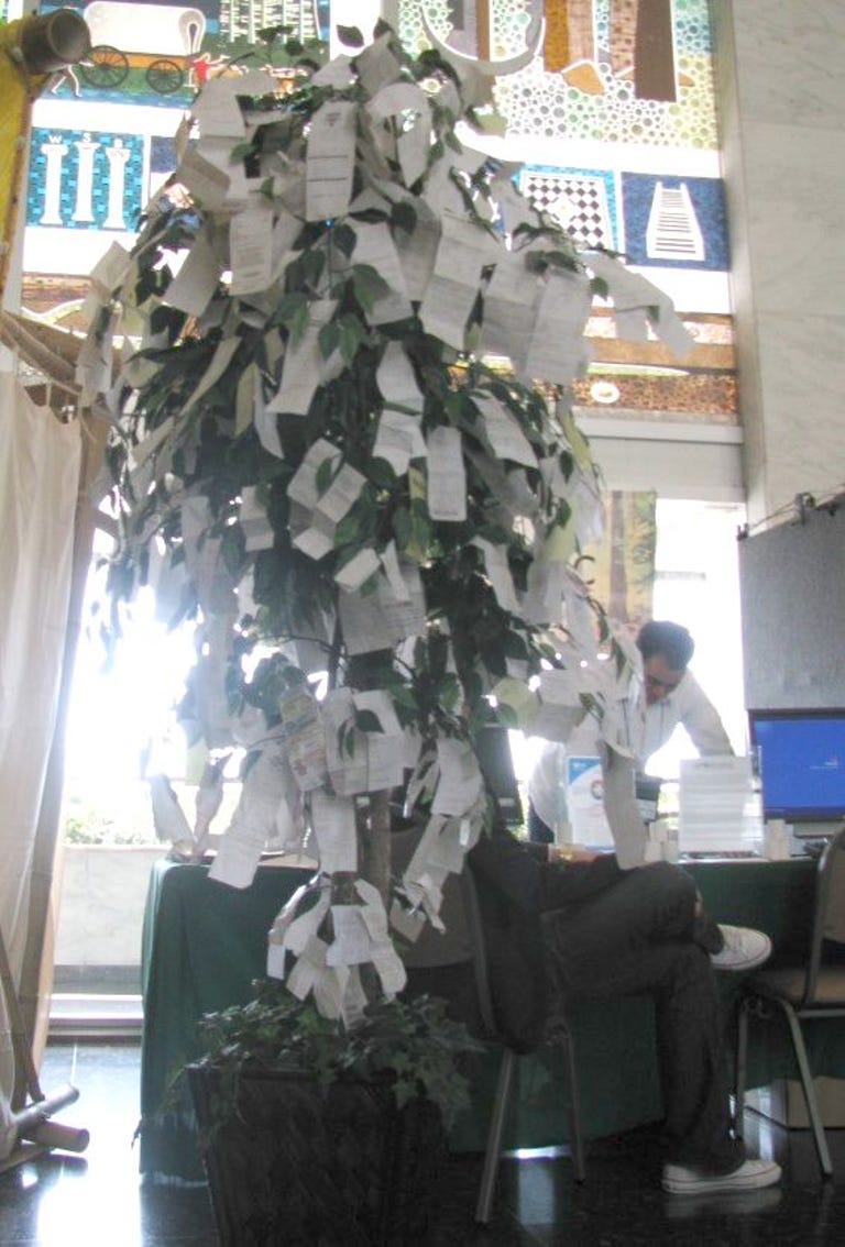 To drive home its tree-hugging angle, allEtronic displayed a receipt tree at the Eco City conference April in San Francisco.