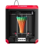 A black and red 3D printer with a rainbow vase on it