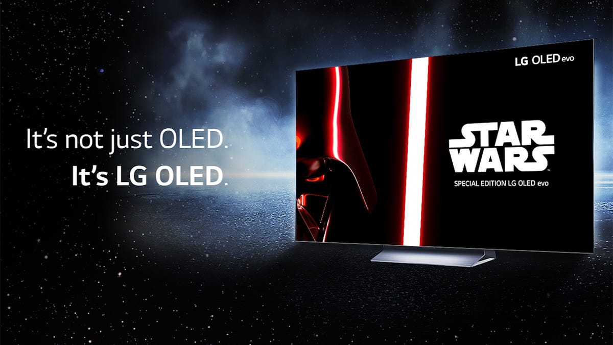 LG Star Wars C2 OLED TV Special Edition, with Darth Vader's helmet and red lightsaber on the screen against a starry background with "It's not just OLED. It's LG OLED" slogan