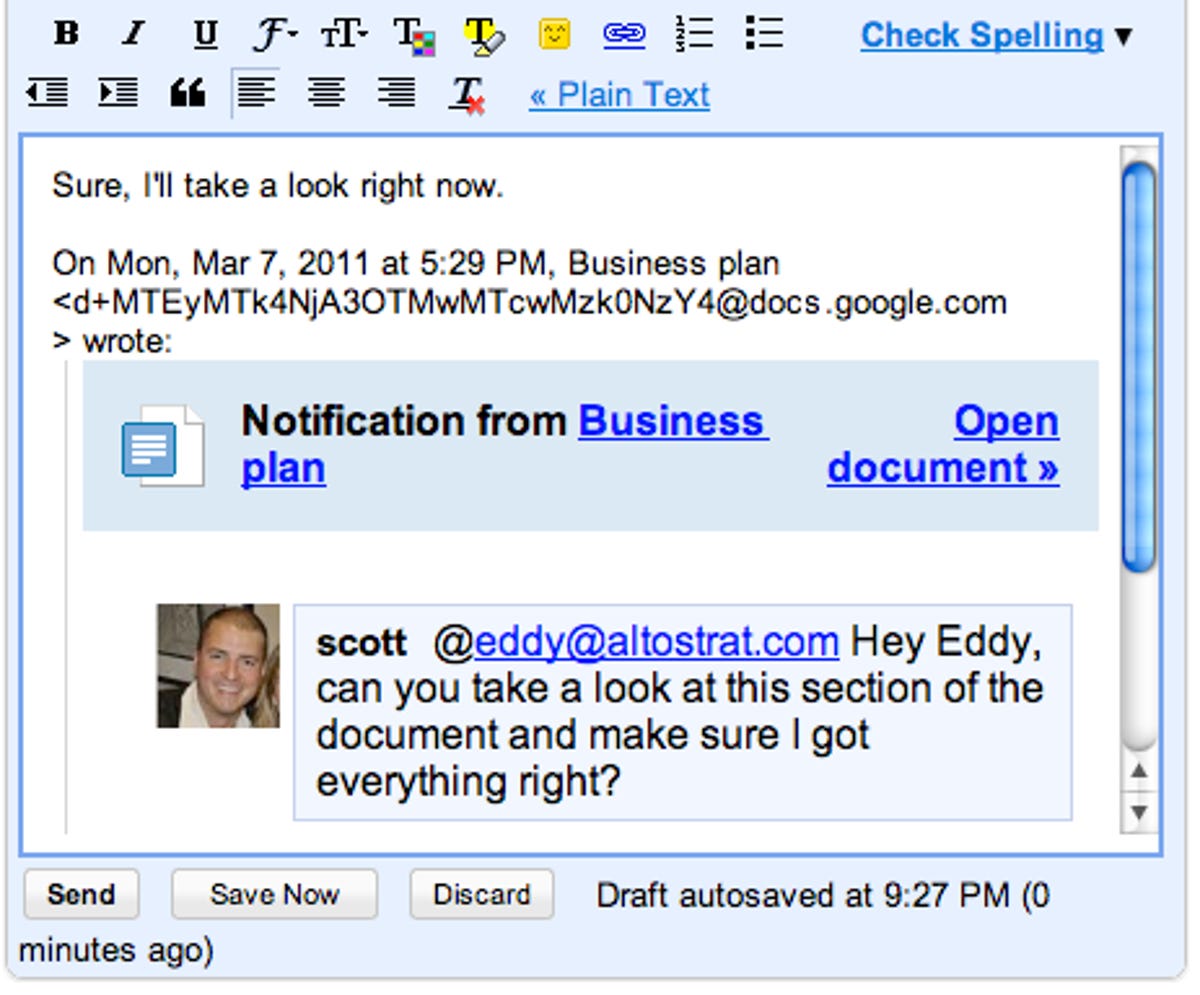 Google Docs discussions can notify collaborators of changes to documents.