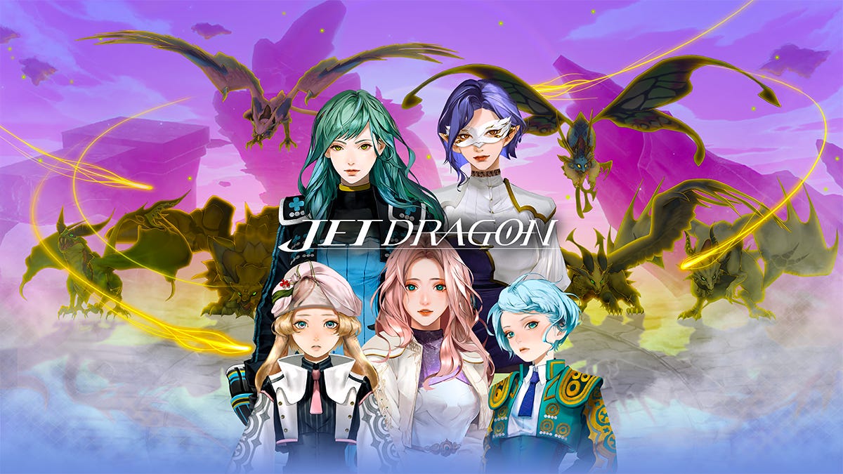 Jet Dragon title card showing five people with dragons in the background
