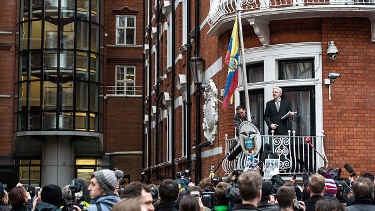 WikiLeaks founder Julian Assange speaks from the balcony of the Ecuadorian embassy in 2016.