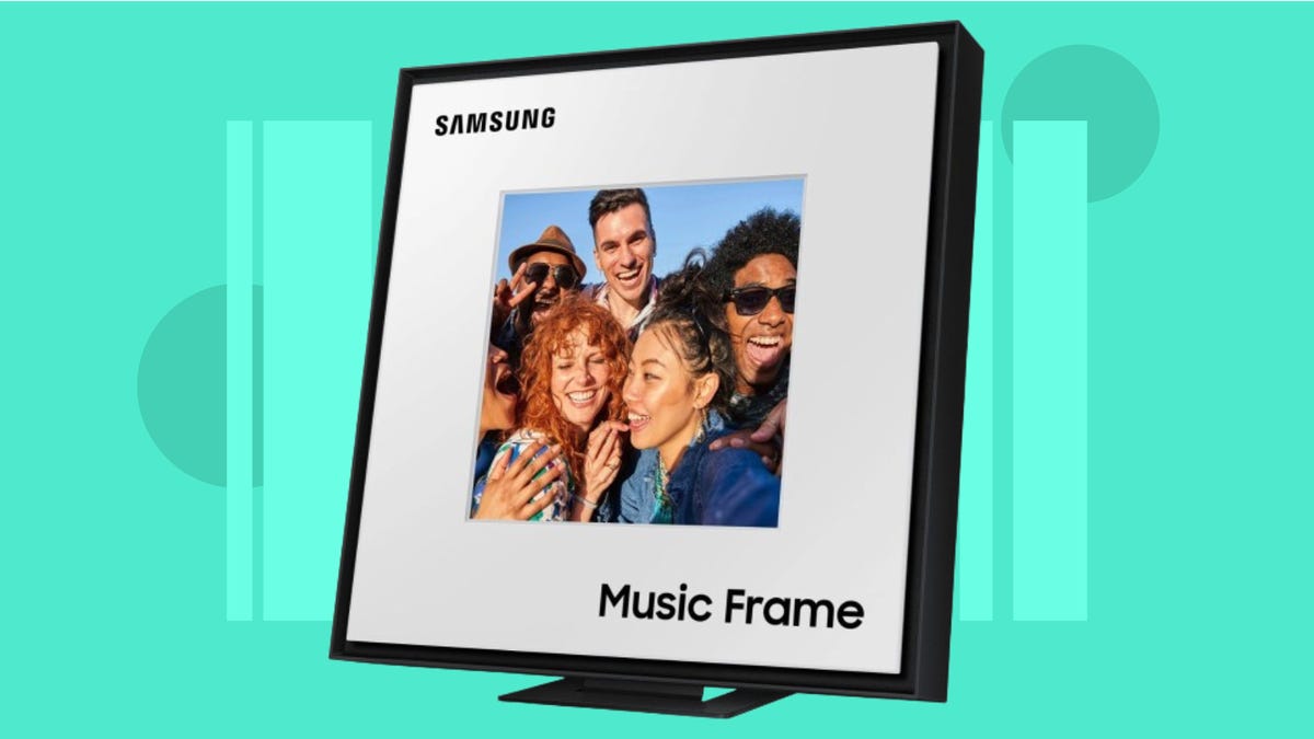 Samsung Musical Photo Frame against teal background
