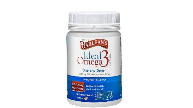 Bottle of Barlean's Ideal Omega-3 supplement.