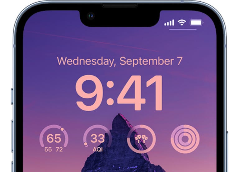 Écran de verrouillage de l'iPhone avec widgets température, IQA, Air Pods et anneaux d'activité