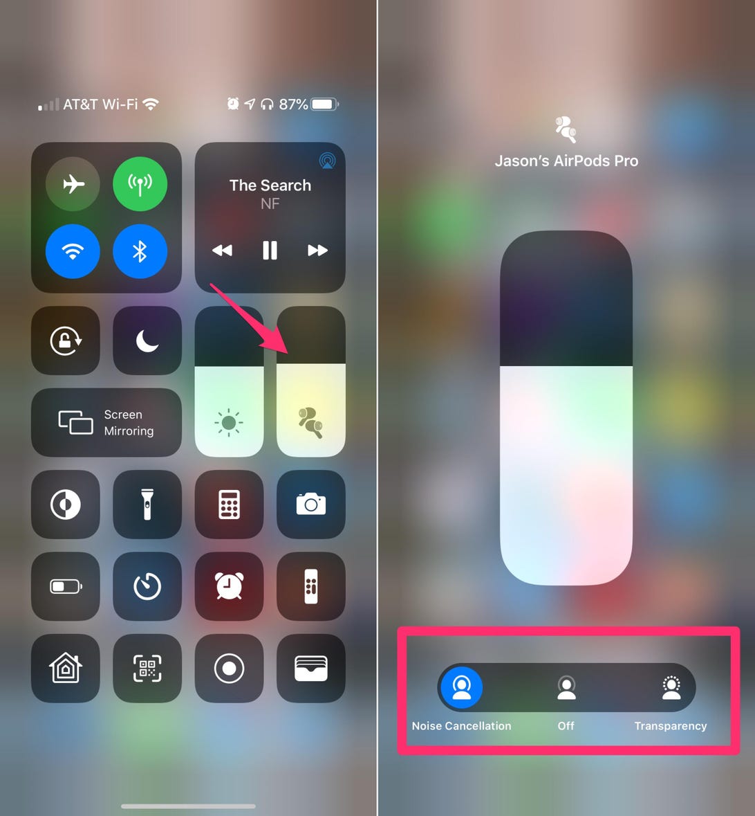 IPhone Control Center controls with highlighted volume button showing AirPods Pro settings