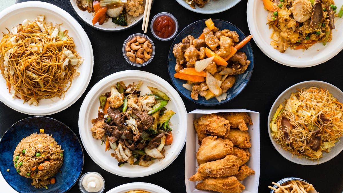 spread of chinese takeout dishes
