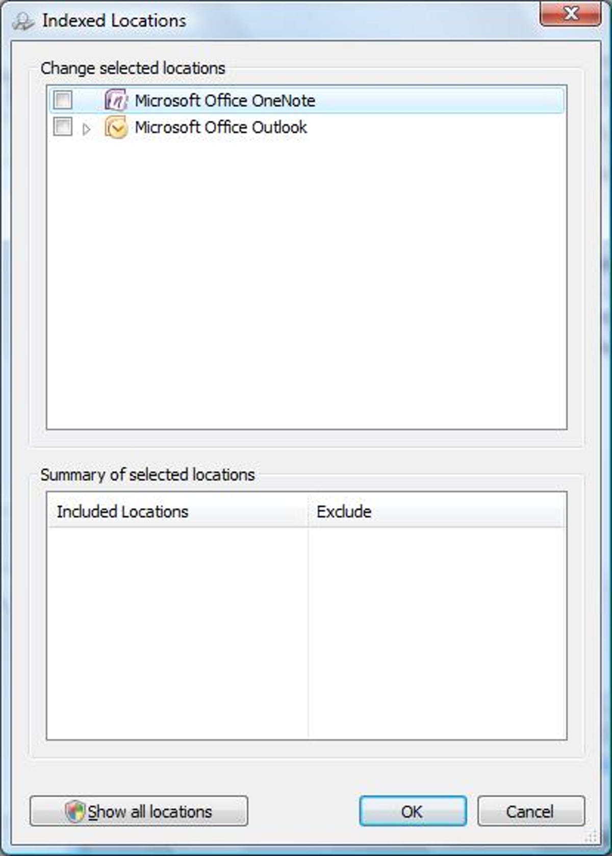 Windows Vista's Indexed Locations dialog box