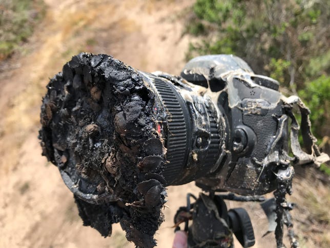 Camera melted by a grass fire that was started by a rocket launch.