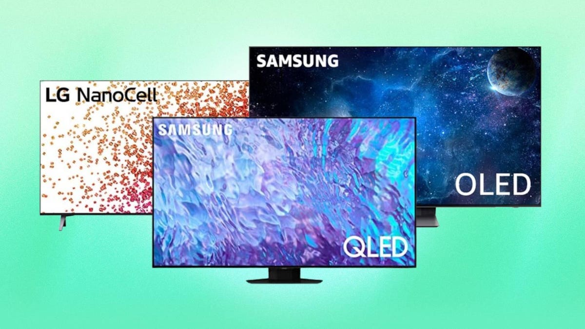Samsung and LG TVs are displayed against a mint background.
