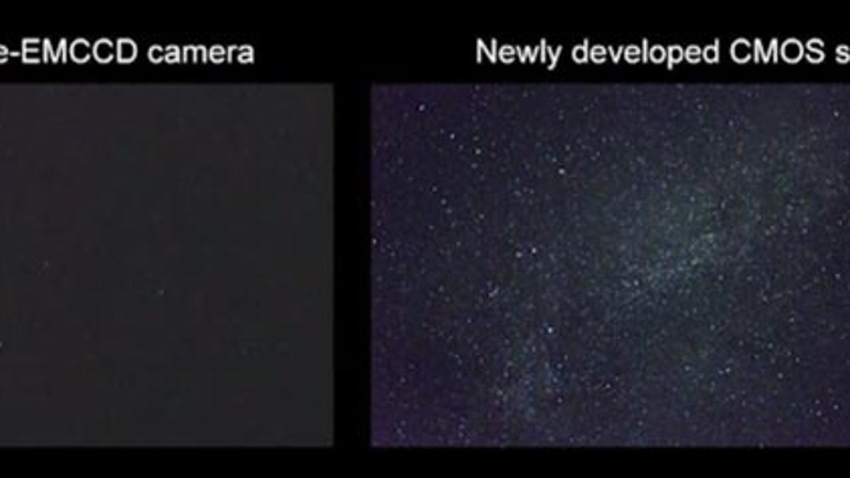 Stills from a video showing the Milky Way with a conventional three-sensor camera on the left and the high-sensitivity prototype on the right.