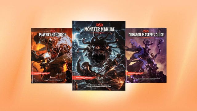 Alle drie de Dungeons & Dragons Core Rulebooks voor D&D 5th Edition worden weergegeven tegen een oranje achtergrond.