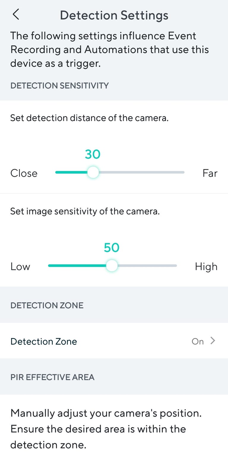 Screenshot of the Wyze motion detection settings.