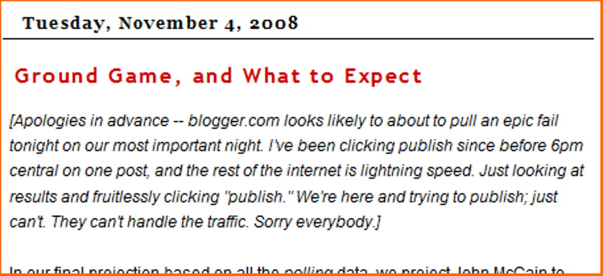 Apologies in advance -- blogger.com looks likely to about to pull an epic fail tonight on our most important night. I've been clicking publish since before 6pm central on one post, and the rest of the internet is lightning speed. Just looking at results and fruitlessly clicking 